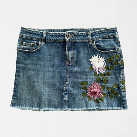 Refuge Distressed Embroidered Jean Mini Skirt - Picture 1 of 8